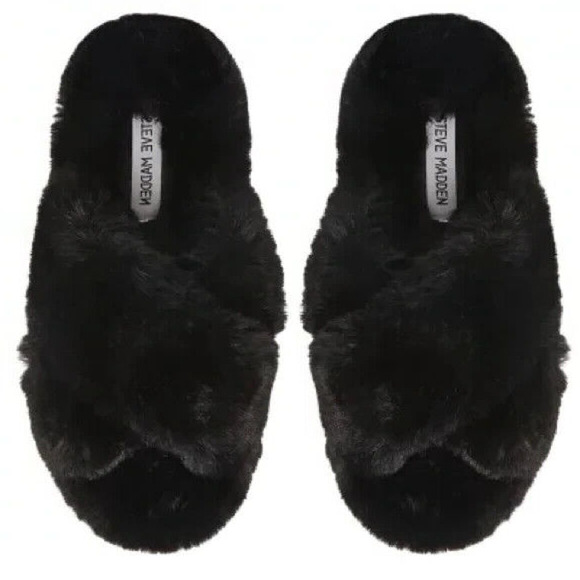Steve Madden Faux Fur Fluffy Criss Cross Slip On Slippers Black Size S (5-6) - Picture 1 of 7